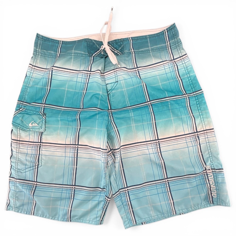Quiksilver Mens Board Shorts Teal Blue Plaid Ombre Cargo Pocket Retro Y2K Sz L